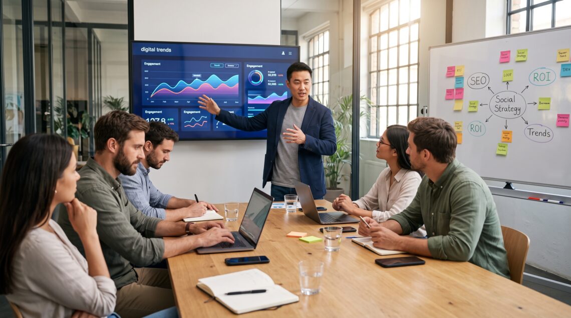 Presenter explaining digital marketing trends to an engaged team in a conference room