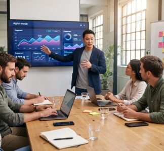 Presenter explaining digital marketing trends to an engaged team in a conference room