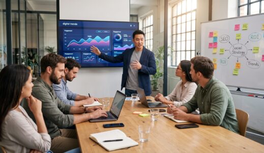 Presenter explaining digital marketing trends to an engaged team in a conference room